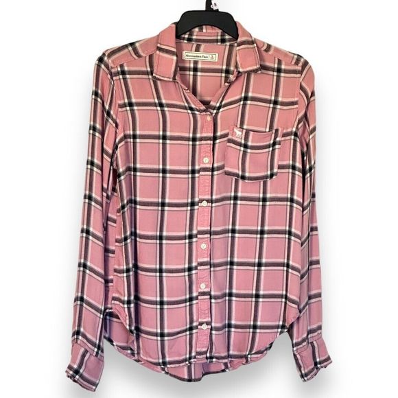 Abercrombie & Fitch Tops - Abercrombie & Fitch Women Top Small Pink Plaid Flannel Logo Button Up Collar